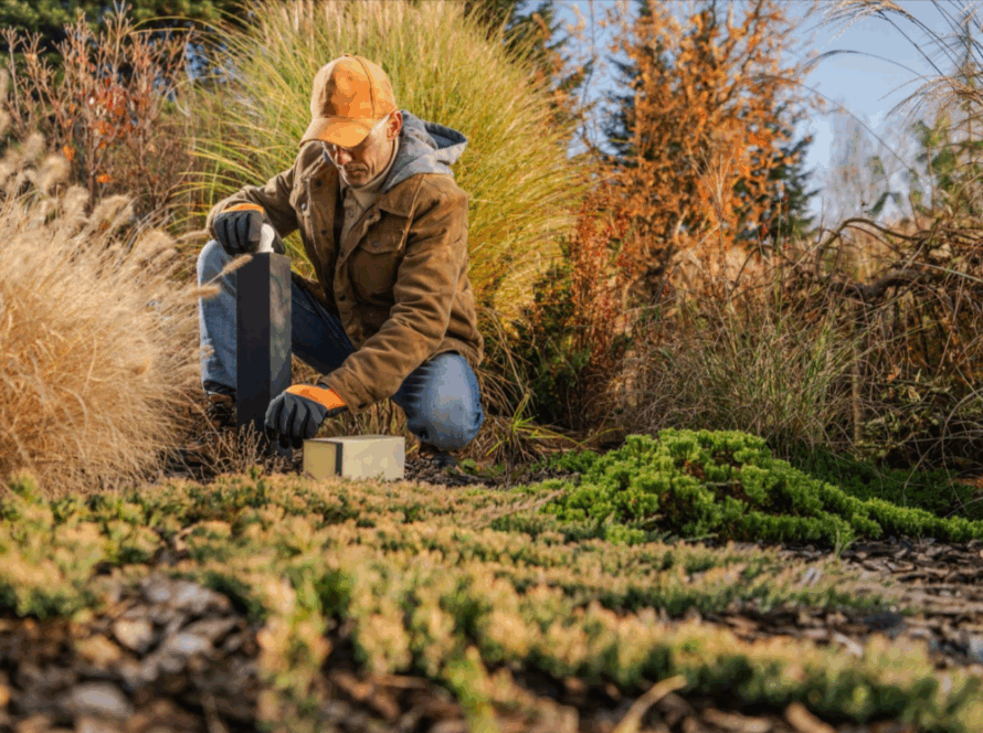 An image demonstrating what landscapers do. A landscaper wearing an orange baseball cap, brown jacket, hoodie, jeans, and gloves kneeling, tending to low-maintenance plants.