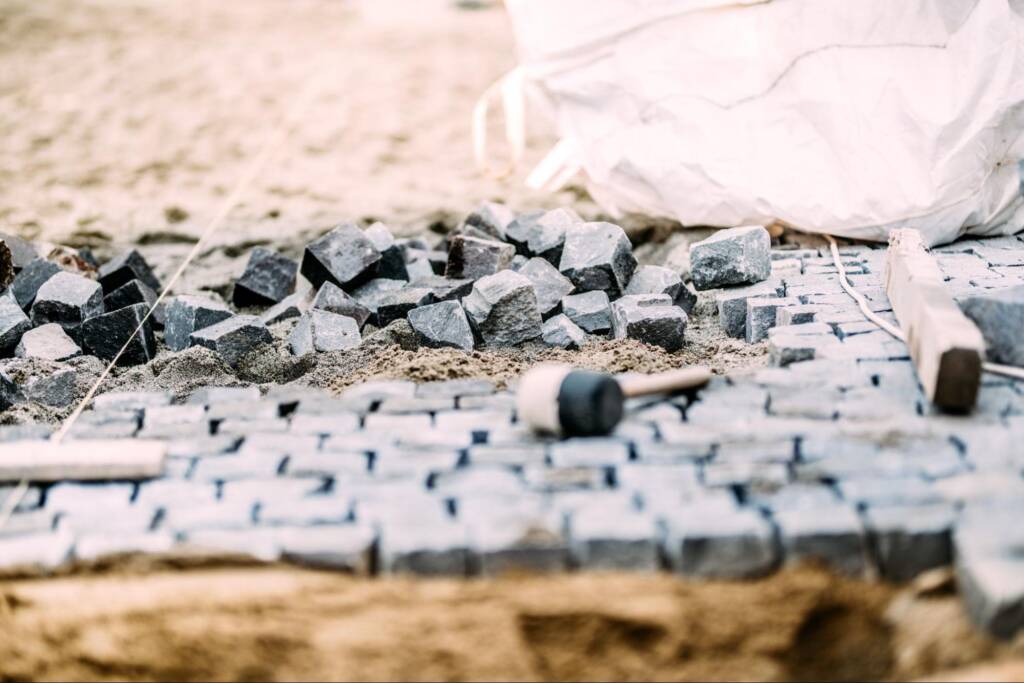 Close-up of various hardscape materials for sidewalk and terrace landscaping design.