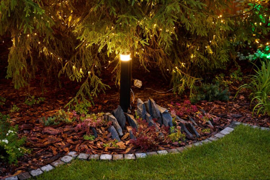 Close of landscaping lights enhancing garden features with elegant night illumination.