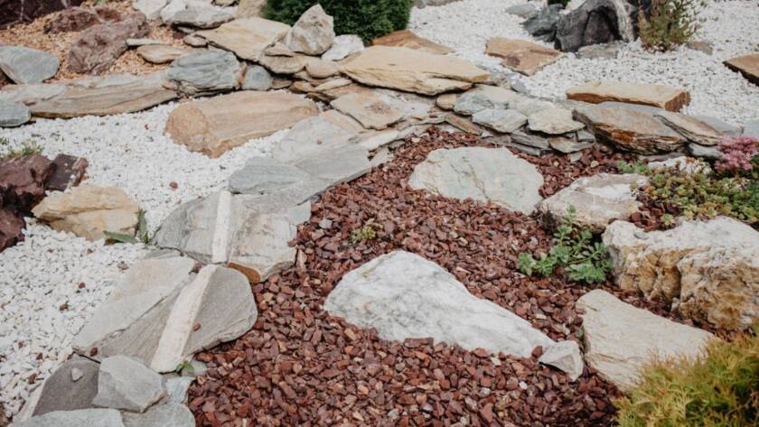 Natural stones arranged in an outdoor landscape design for a garden or patio.
