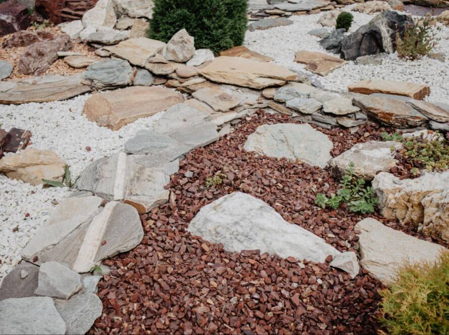 Natural stones arranged in an outdoor landscape design for a garden or patio.