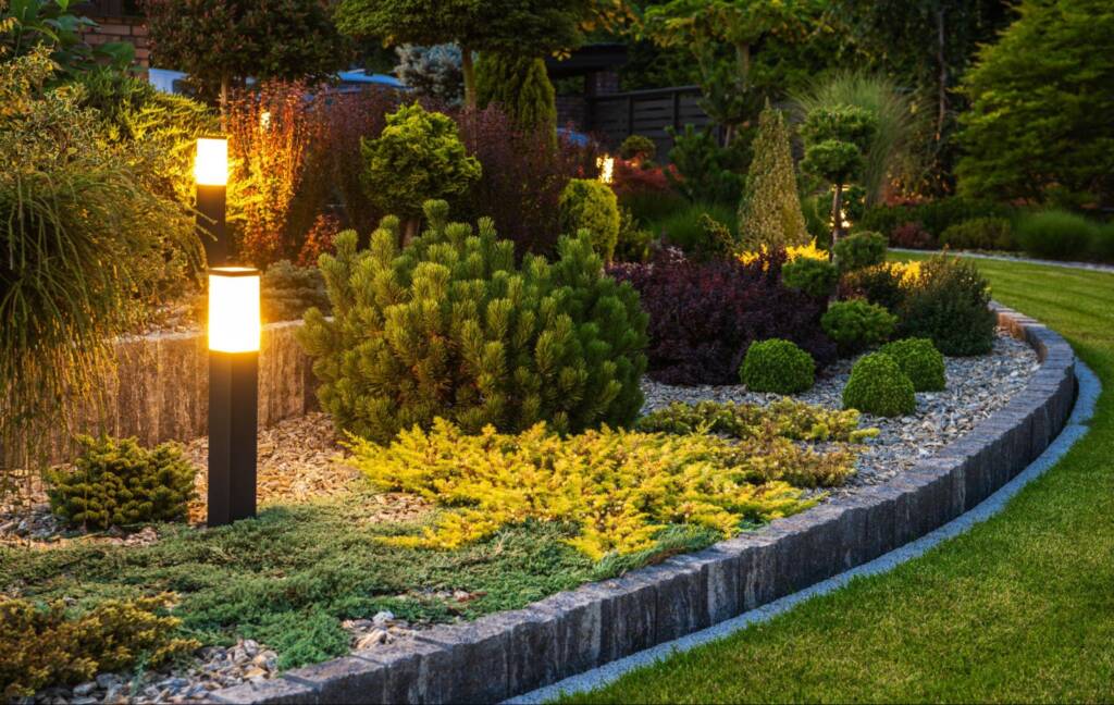 Modern LED landscaping lights highlight garden plants at night