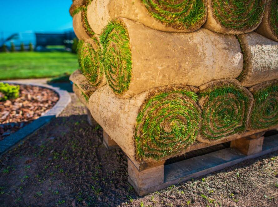 Stack of rolled sod ready for lawn installation.