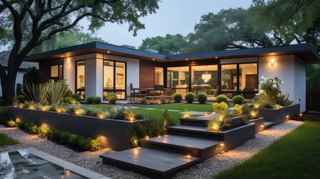 Modern house with beautiful landscape and outdoor lighting.
