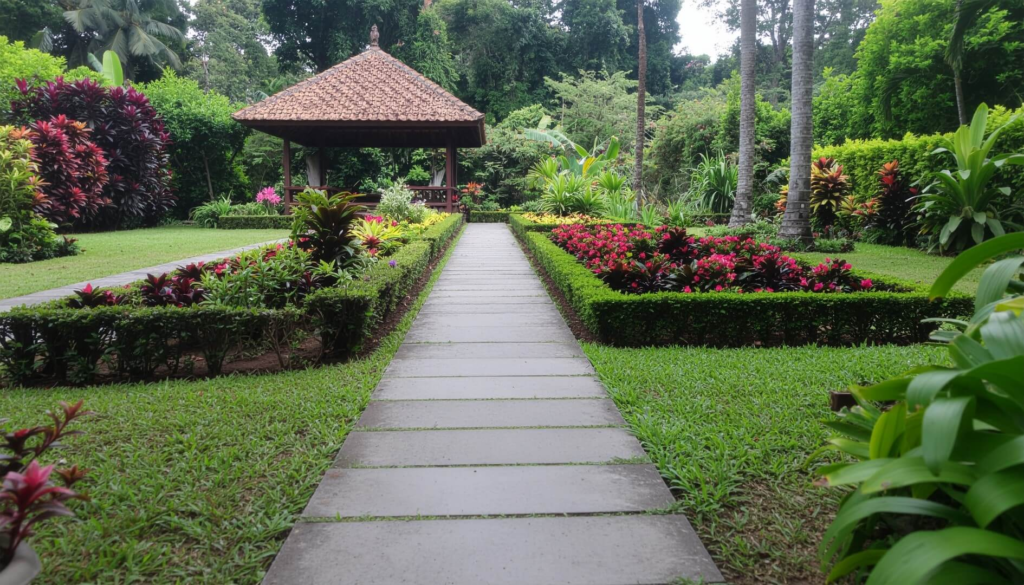 Well-kept tropical garden with a stone path.