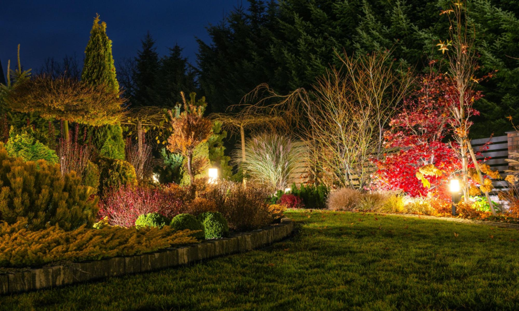 Modern landscape design with LED lighting illuminating a vibrant garden at night under the stars