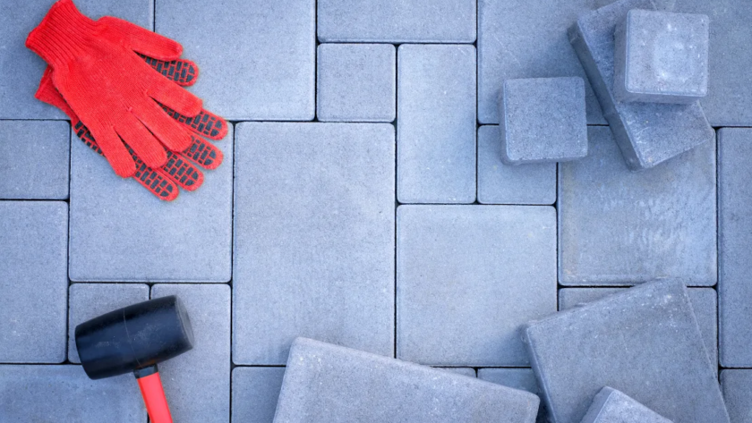 Closeup on a set of freshly installed concrete pavers.